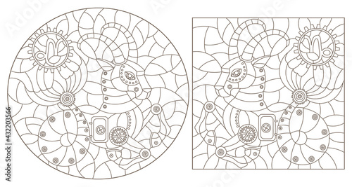 Set of contour illustrations in the style of stained glass with steam punk signs of the zodiac Capricorn, dark contours on a white background