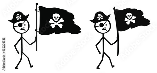 stickman with lack piracy flag icon. Cartoon style pirate skull. The skull and crossbones symbol on a black flag. Jolly Roger Pirate flag. Figure man withs flags.