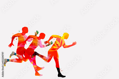Running people, marathon race poster vector illustration. Jogging active people, fitness training, sport training design for banner, event promo material, flyer