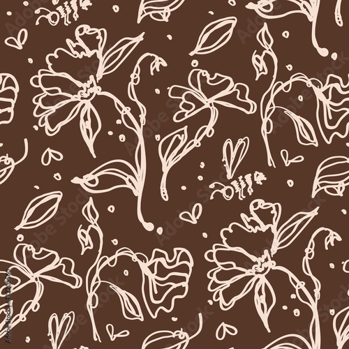 Seamless minimalist doodle flower pattern background. Calm two tone color wallpaper. Simple modern scandi unisex baby design. Organic childish gender neutral baby all over print. Hand drawn floral.