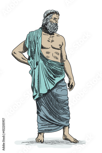 The ancient Greek god Zeus with a beard in a cape stands barefoot.