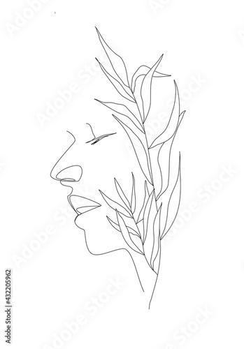 Line art woman with plant. One line fashion portrait for print, poster, tattoos, and any design purpose (ID: 432205962)