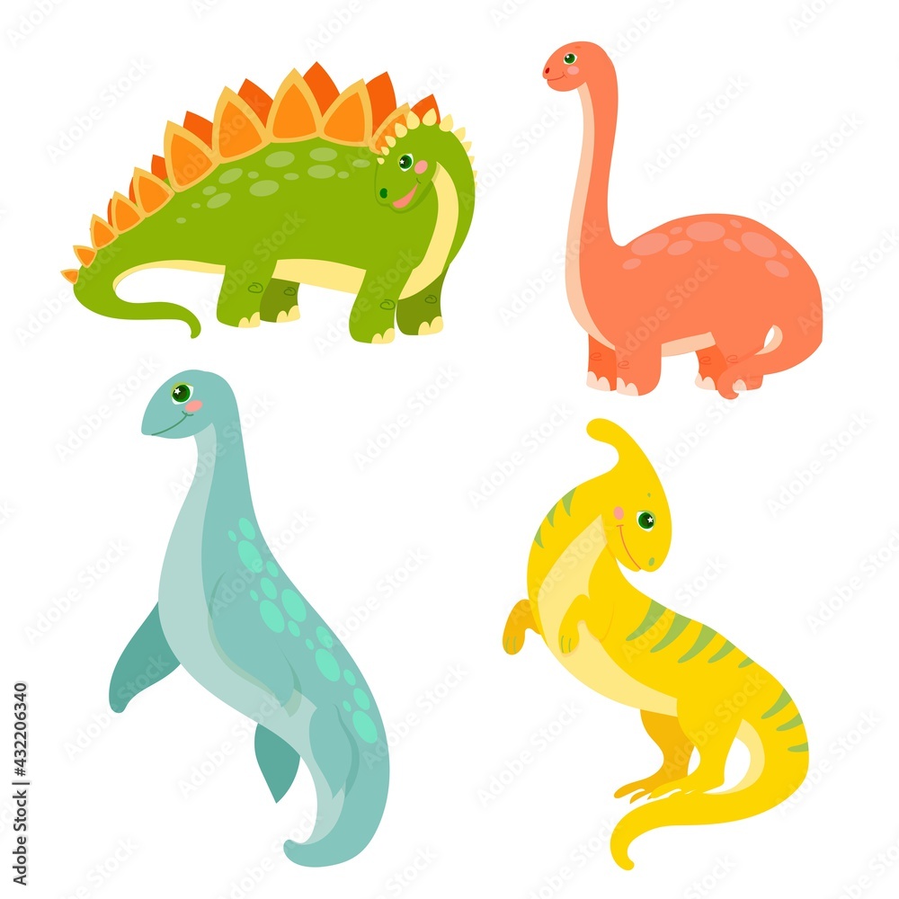 Obraz premium Set of cute dinosaurs in cartoon style. Bright childish drawing with animals. Vector illustration isolated on white background.