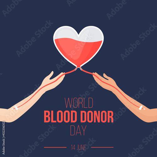Poster for world blood donor day - June 14. Blood donation concept with blood bag as heart and people arms.  Motivational vector art