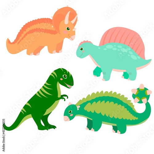 Set of cute dinosaurs in cartoon style. Bright childish drawing with animals. Vector illustration isolated on white background.