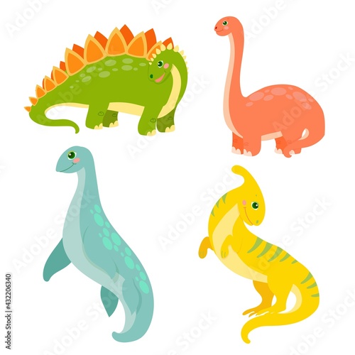 Set of cute dinosaurs in cartoon style. Bright childish drawing with animals. Vector illustration isolated on white background.