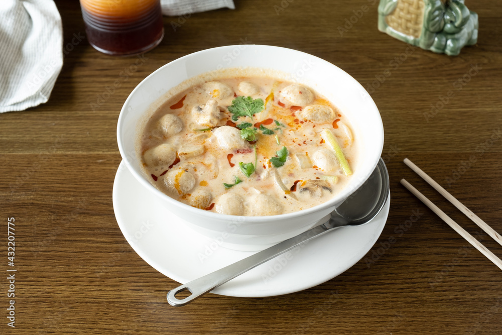 Spicy tom kha soup made with mushrooms and coconut milk. Spicy tom kha soup made with mushrooms and coconut milk.