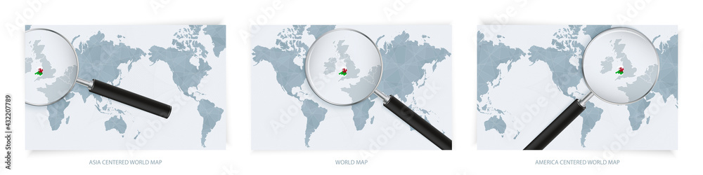 Blue Abstract World Maps with magnifying glass on map of Wales with the national flag of Wales. Three version of World Map. Blue Abstract World Maps with magnifying glass on map of Wales with the national flag of Wales. Three version of World Map.
