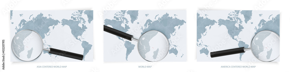 Blue Abstract World Maps with magnifying glass on map of Comoros with the national flag of Comoros. Three version of World Map. Blue Abstract World Maps with magnifying glass on map of Comoros with the national flag of Comoros. Three version of World Map.