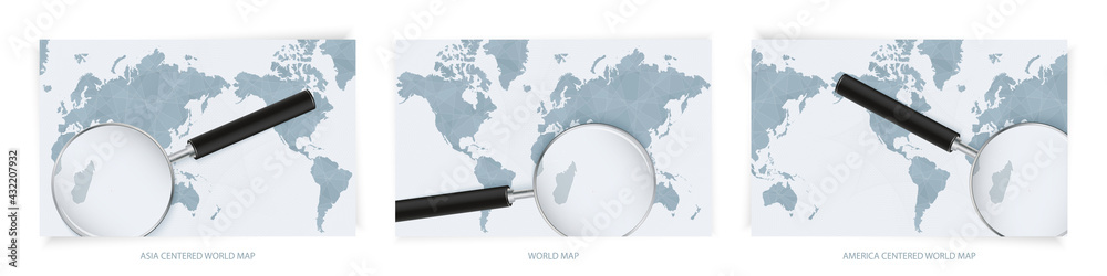 Blue Abstract World Maps with magnifying glass on map of Mauritius with the national flag of Mauritius. Three version of World Map. Blue Abstract World Maps with magnifying glass on map of Mauritius with the national flag of Mauritius. Three version of World Map.