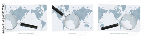 Blue Abstract World Maps with magnifying glass on map of Sao Tome and Principe with the national flag of Sao Tome and Principe. Three version of World Map.
