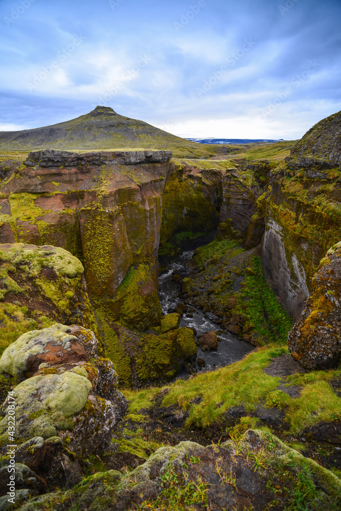 A canyon on the beautiful hike from Skógafoss up to the Fimmvörðuháls hut and pass, south Iceland