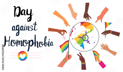 Day against homophobia lettering poster.Pride month.LGBTQ concept. Hands different ethnicities in various gestures are around Planet Earth.Rainbow flags.Our unity in diversity.Respect and protect love