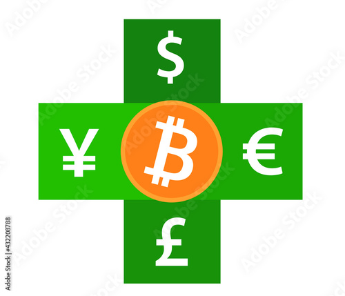 Bitcoin to dollar currency exchange. Bitcoin exchange with bitcoin coin symbol and sign of other currencies. Crypto currency technology. Vector illustration