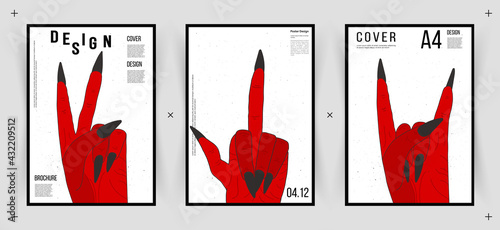 Devil's hand posters set. Grunge halloween posters. Vintage cinema promotional printing collection. Can be used for ad, banner, web design. Layout vector template in A4 size.	