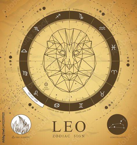 Vintage magic witchcraft card with astrology Leo zodiac sign. Polygonal lion head. Zodiac characteristic