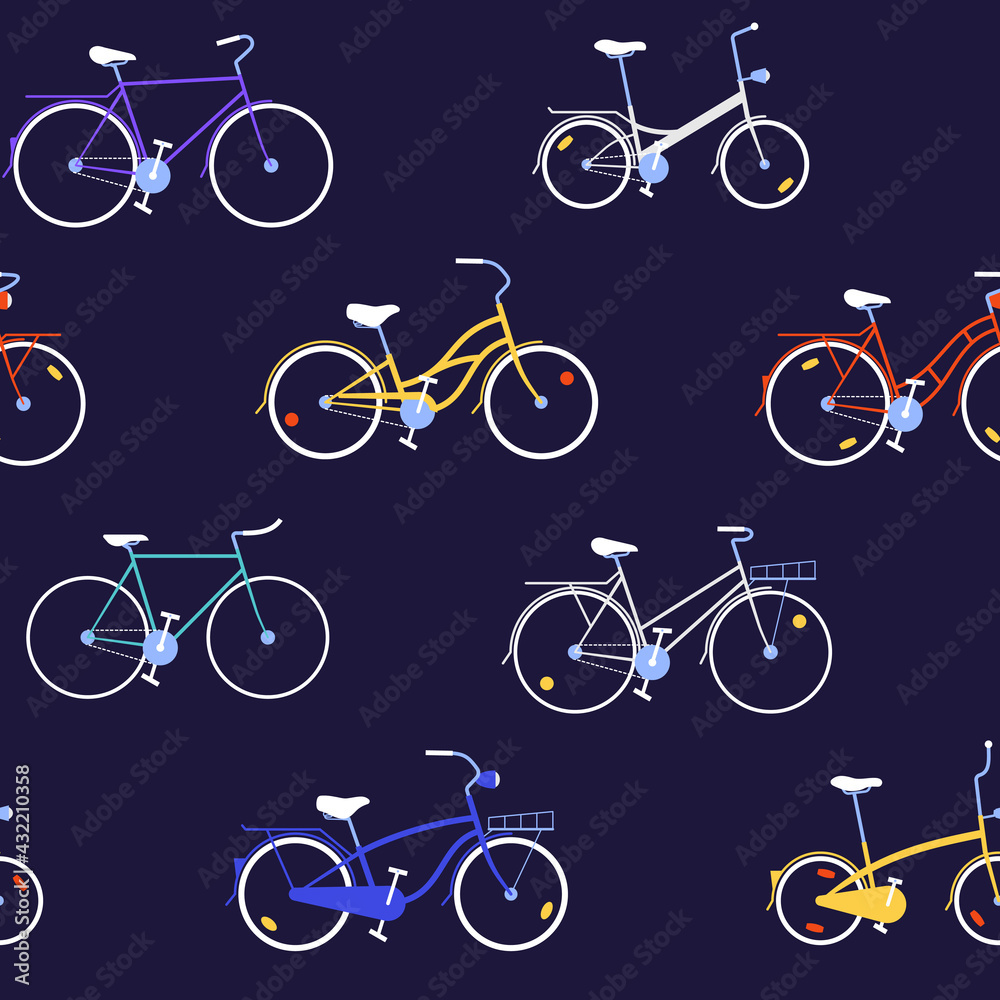 Seamless pattern with large elements all kinds of city bicycles on the dark background Seamless pattern with large elements all kinds of city bicycles on the dark background