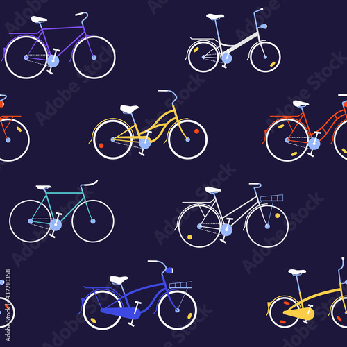Seamless pattern with large elements all kinds of city bicycles on the dark background