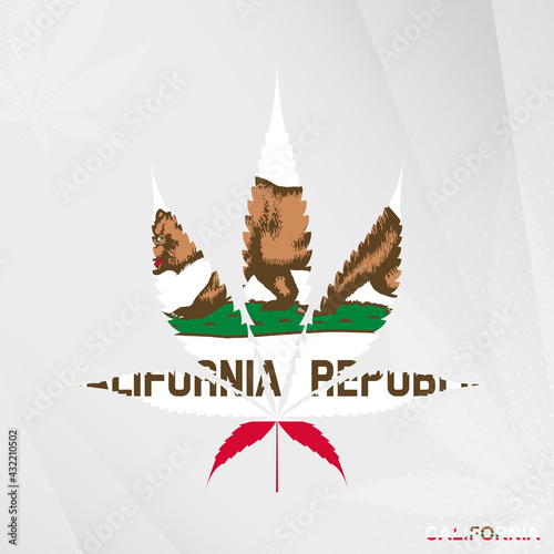 Flag of California in Marijuana leaf shape. The concept of legalization Cannabis in California.
