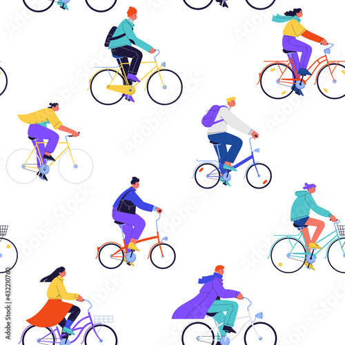 Seamless pattern with different cyclists. Men and women riding all kinds of city bicycles. Sparse pattern with large elements