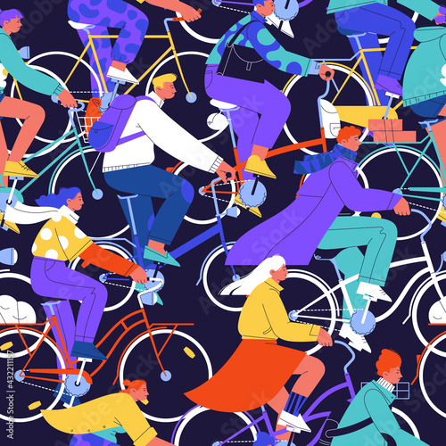 Seamless pattern with different cyclists on the dark background. A crowd of men and women riding all kinds of city bicycles. Tight pattern with large elements