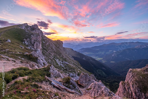 Sunset view at the iconic Seceda, Dolomites