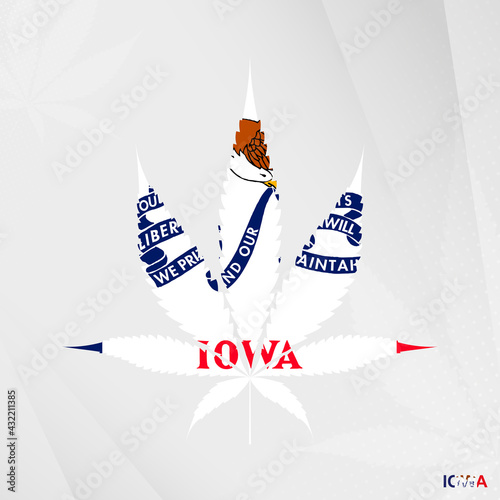 Flag of Iowa in Marijuana leaf shape. The concept of legalization Cannabis in Iowa.