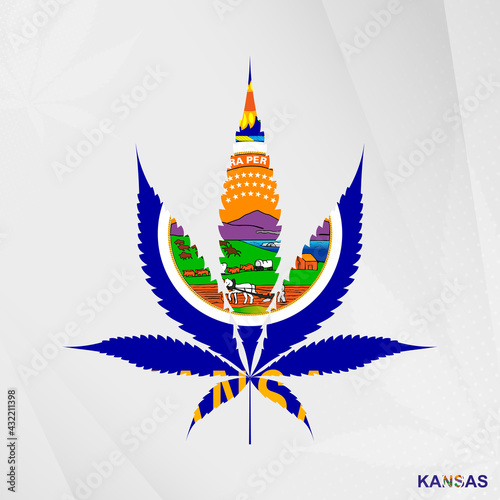 Flag of Kansas in Marijuana leaf shape. The concept of legalization Cannabis in Kansas.
