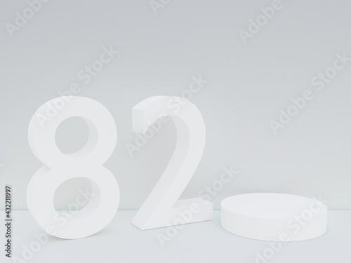 Scene with podium for mock up presentation in white color, minimalism style and number 82 with copy space, 3d render abstract background