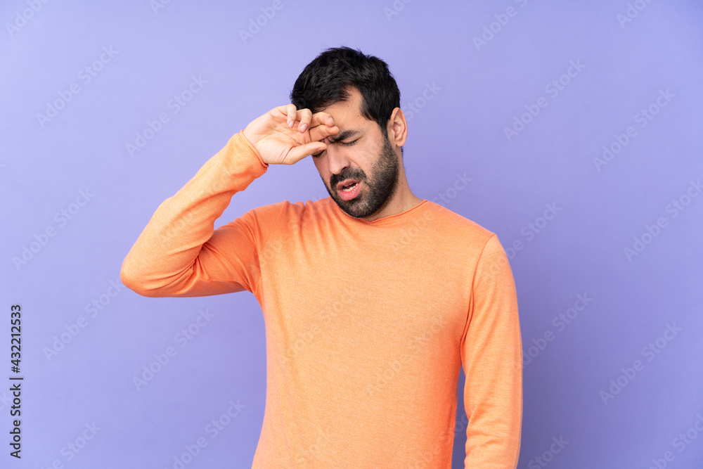 Caucasian handsome man over isolated purple background with tired and sick expression Caucasian handsome man over isolated purple background with tired and sick expression