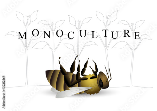 An environmental concept, monoculture killed the bee. Line art plants in the background
