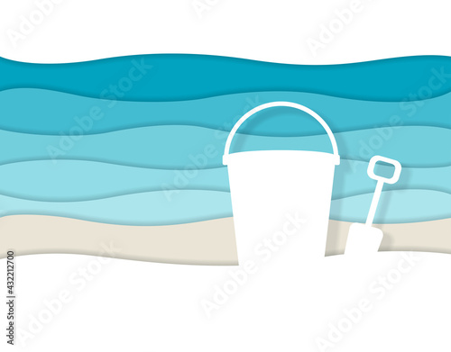 A sand pail and shovel on the beach, paper layer style
