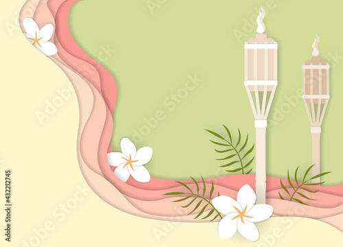 A pair of bamboo tiki torches with plumeria flowers and palm fronds, in fun summer colors. Paper layer style art
