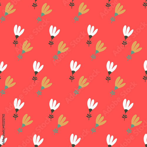 Seamless vector pattern with delicate white and yellow flowers on a red background. Creative floral texture. Great for fabric, textile and design © Lana