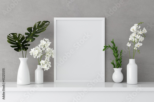 Flower in vase with frame mockup, 3D rendering