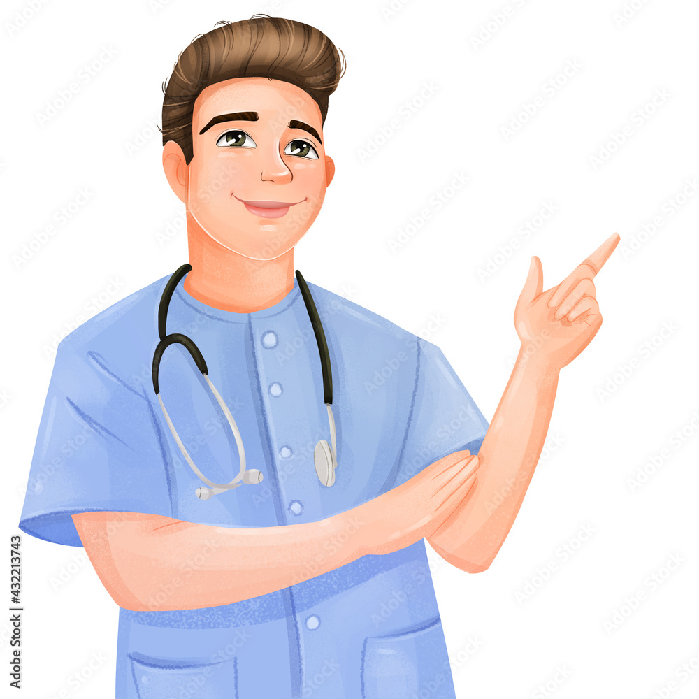 A bitmap raster image of a smiling nurse in a blue surgical cap who points A bitmap raster image of a smiling nurse in a blue surgical cap who points