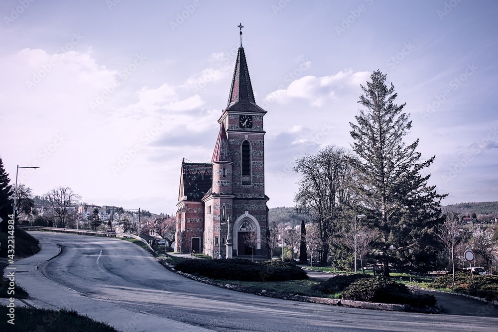 Fototapeta premium A dramatic view to the Church of Saints Cyril and Methodius at Bilovice, Czech republic
