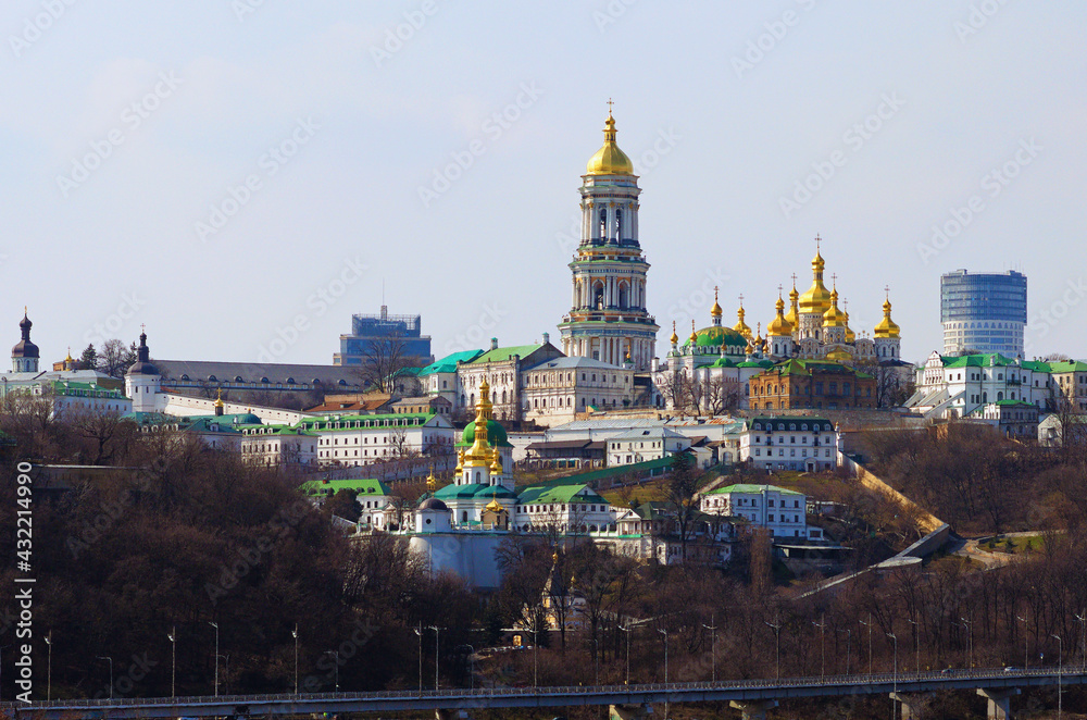 Picturesque view of famous Kyiv's hills against sky. Scenic landscape of ancient Kyiv Pechersk Lavra. It is a historic Orthodox Christian monastery. Kyiv, Ukraine