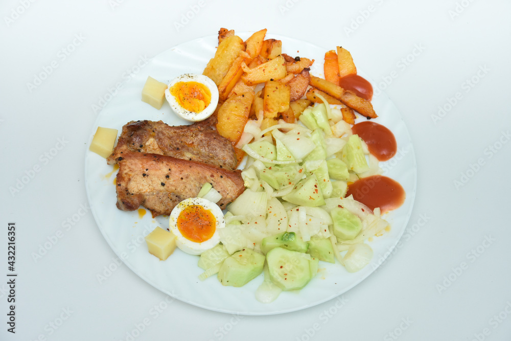 Traditional romanian food ,potato salad with barbecue 