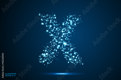 Abstract letters font is made up of triangles, lines, dots and connections. On a dark blue background, stars of the cosmic universe, meteorites, galaxies. Vector illustration eps 10.