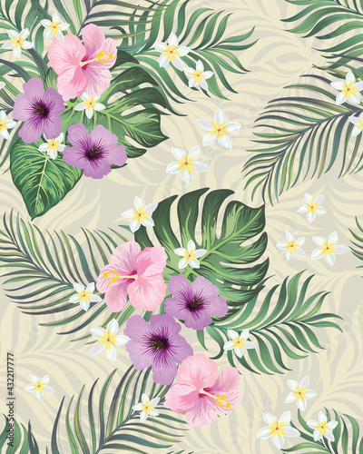 Tropical vector pattern with hibiscus, orchid, palm leaves.Exotic style. Seamless botanical print for textile, print, fabric on dark background © Logunova Elena