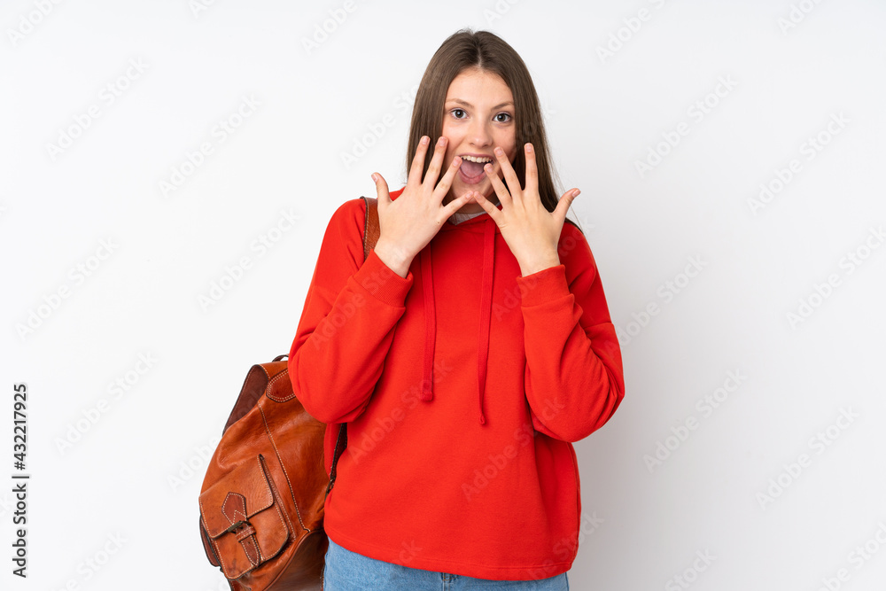 Teenager caucasian student girl isolated on white background with surprise facial expression Teenager caucasian student girl isolated on white background with surprise facial expression