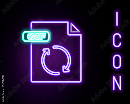 Glowing neon line GIF file document. Download gif button icon isolated on black background. GIF file symbol. Colorful outline concept. Vector