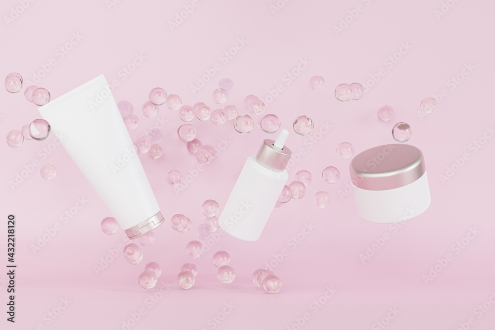 Mockup dropper bottle, lotion tube and cream jar for cosmetics products or advertising soaring or flying, 3d illustration render Mockup dropper bottle, lotion tube and cream jar for cosmetics products or advertising soaring or flying, 3d illustration render