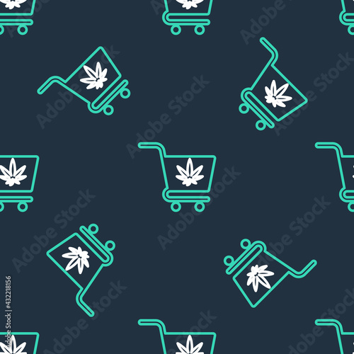 Line Shopping cart with marijuana or cannabis leaf icon isolated seamless pattern on black background. Online buying. Delivery service. Supermarket basket. Vector