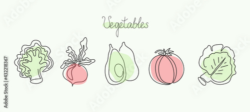 Vegetables set in line art style. One line drawings. Vector graphics. Isolated background.