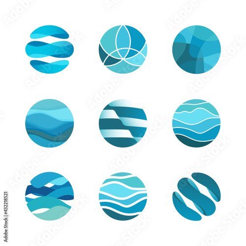Abstract blue global business logo with wavy lines in circle,pictogram sea waves,badge ocean,water aqua flow,design template vector icon.Sign digital innovation technology,symbol hotel,cruise travel