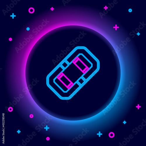 Glowing neon line Rafting boat icon isolated on black background. Inflatable boat. Water sports, extreme sports, holiday, vacation, team building. Colorful outline concept. Vector