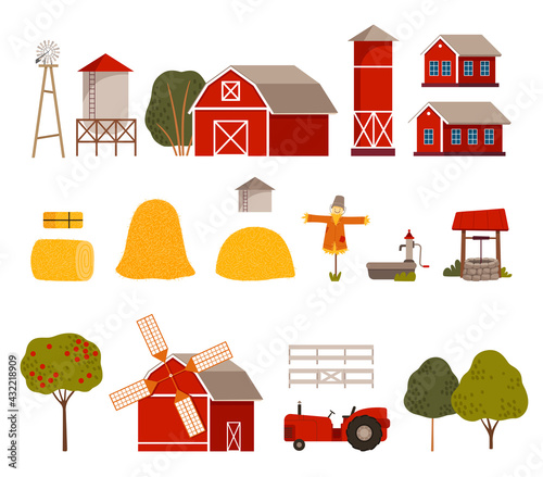 Rural Landscape Elements with Hay Stack, Red Barn and Windmill Vector Set