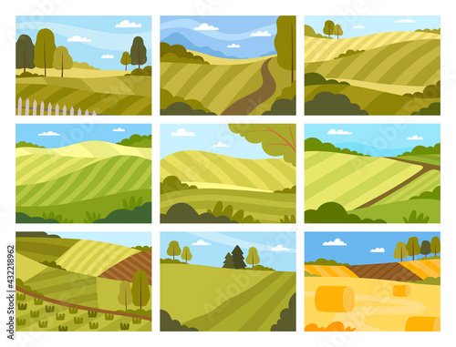 Country View with Soil, Pasture Land and Winding Road as Green Landscape Vector Set